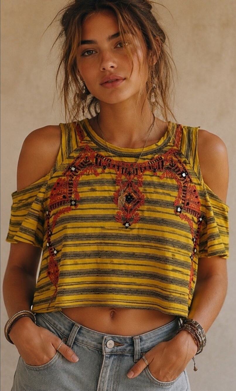 Free People New Romantics Yellow Embroidered Cold Shoulder Crop Top XS